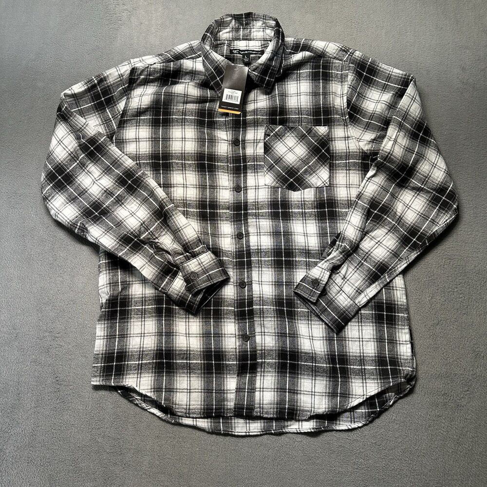 TrueTimber Mens Large Flannel Shirt Black White Gray Plaid Button Up Outdoor NWT